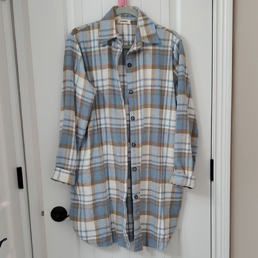 Blue and Tan Plaid Button-Up Shirt